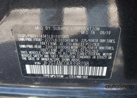 2019 Subaru Crosstrek 2.0I Limited z USA, uszkodzony, nr VIN JF2GTANC0K8398198